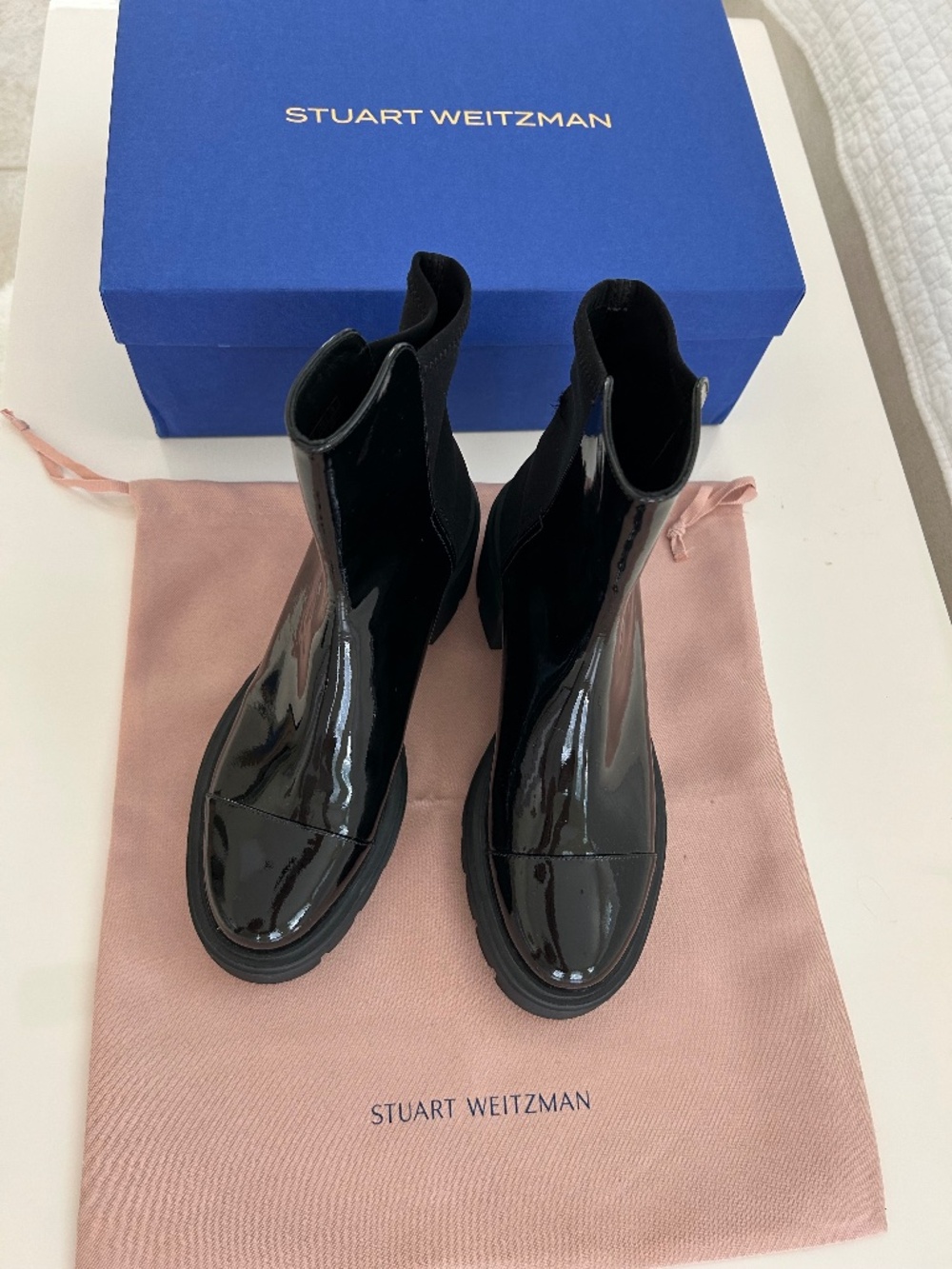 New Stuart Weitzman Norah Black Patent Platform Chelsea Boots US 7.5